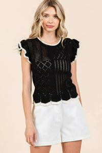 Mittoshop Openwork Contrast Trim Ruffled Cap Sleeve Knit Top - Brittney MADE