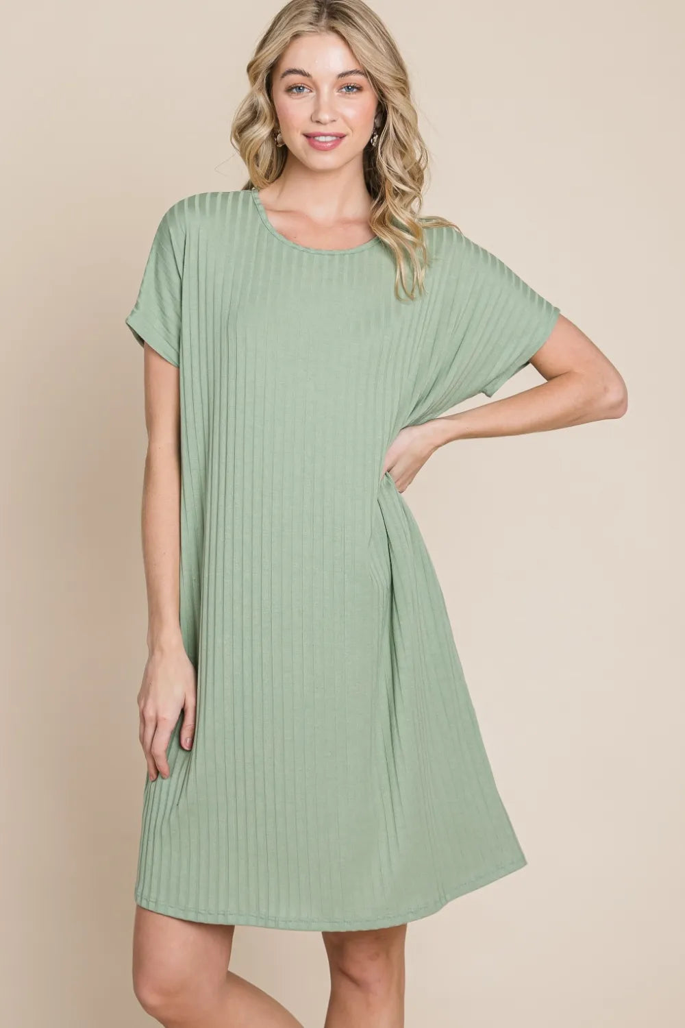 BOMBOM Ribbed Round Neck Short Sleeve Dress - Brittney MADE
