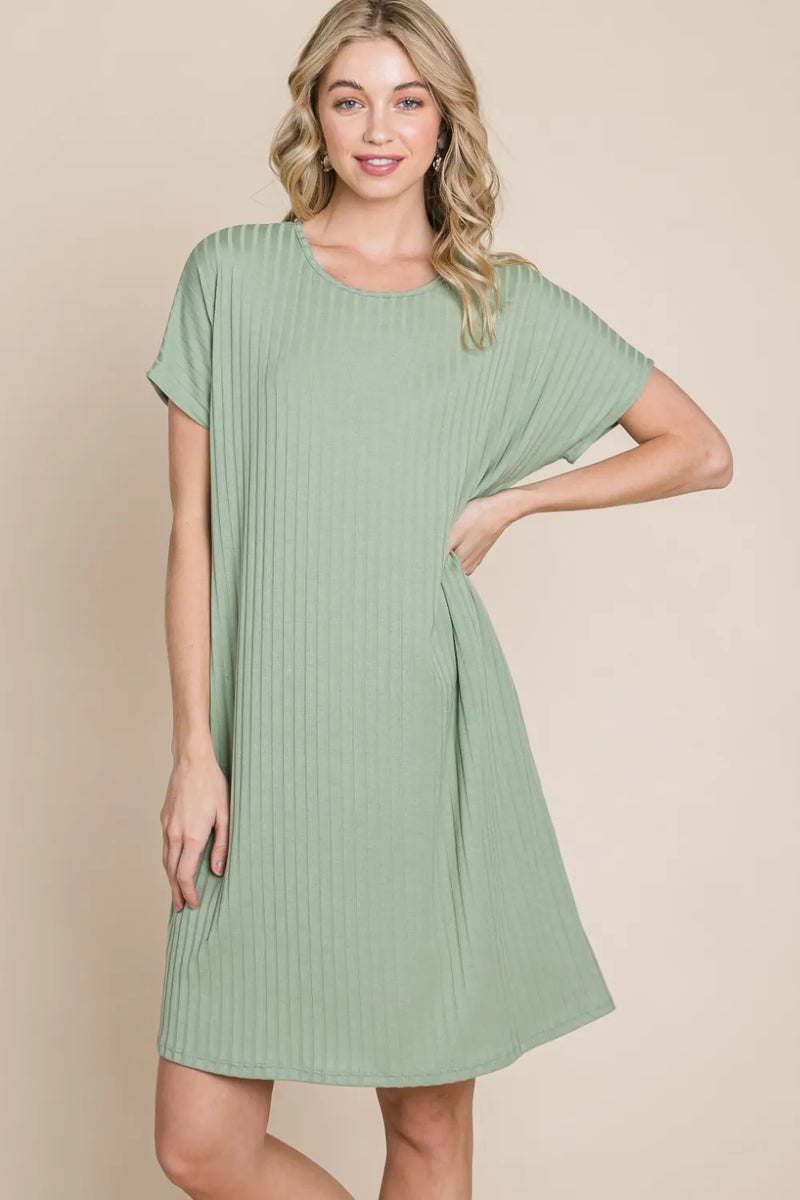 BOMBOM Ribbed Round Neck Short Sleeve Dress - Brittney MADE