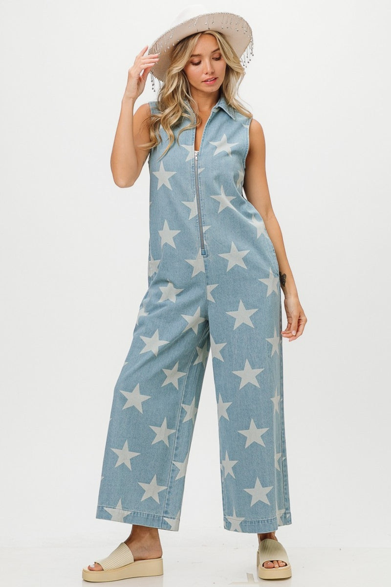 BiBi Star Print Half Zip Sleeveless Denim Jumpsuit - Brittney MADE