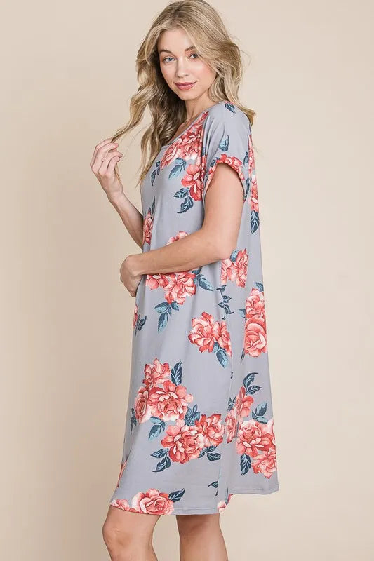 BOMBOM Floral Round Neck Short Tee Dress with Pockets - Brittney MADE