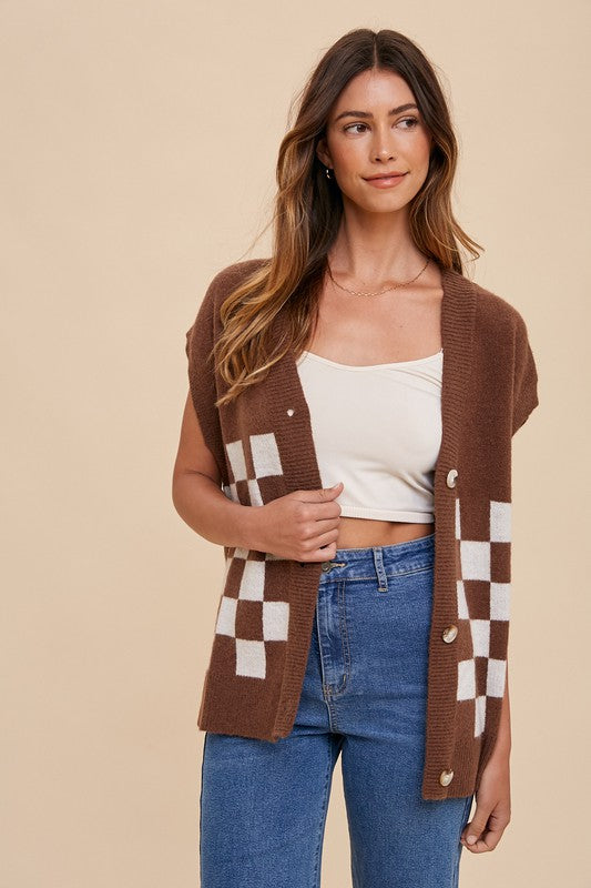 Annie Wear Checkered Button Down Short Sleeve Cardigan - Brittney MADE
