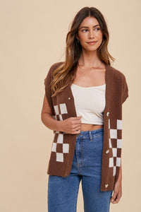 Annie Wear Checkered Button Down Short Sleeve Cardigan - Brittney MADE