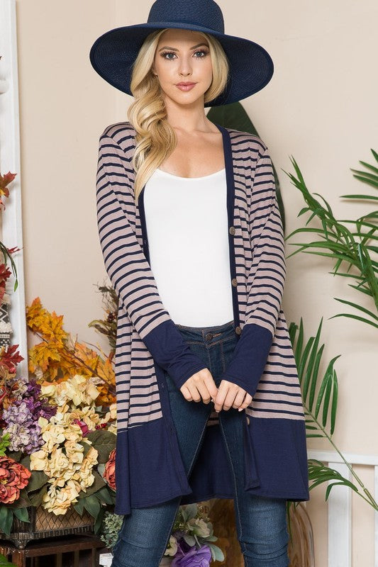 Celeste Full Size Striped Button Up Long Sleeve Cardigan Plus Size - Brittney MADE
