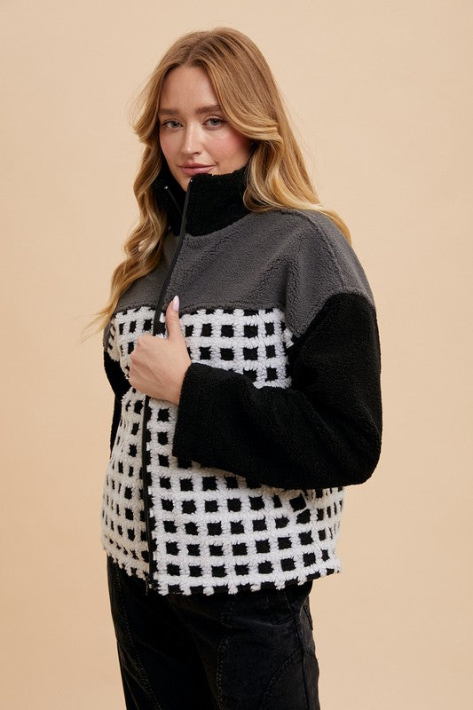 Annie Wear Plaid Zip Up Drop Shoulder Sherpa Jacket - Brittney MADE