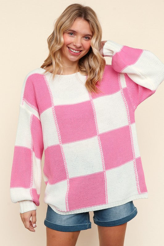 Haptics Full Size Checkered Round Neck Drop Shoulder Sweater - Brittney MADE