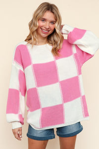 Haptics Full Size Checkered Round Neck Drop Shoulder Sweater - Brittney MADE