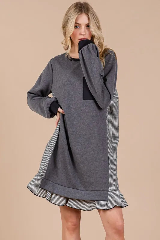 Ces Femme Striped Patchwork Round Neck Terry Sweatshirt Dress - Brittney MADE
