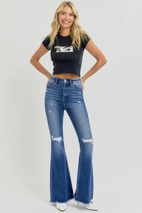 RISEN Full Size High Rise Distressed Raw Hem Flare Jeans - Brittney MADE
