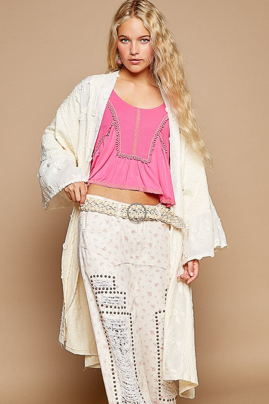 POL Flower Lace Trim Open Front Longline Cardigan - Brittney MADE