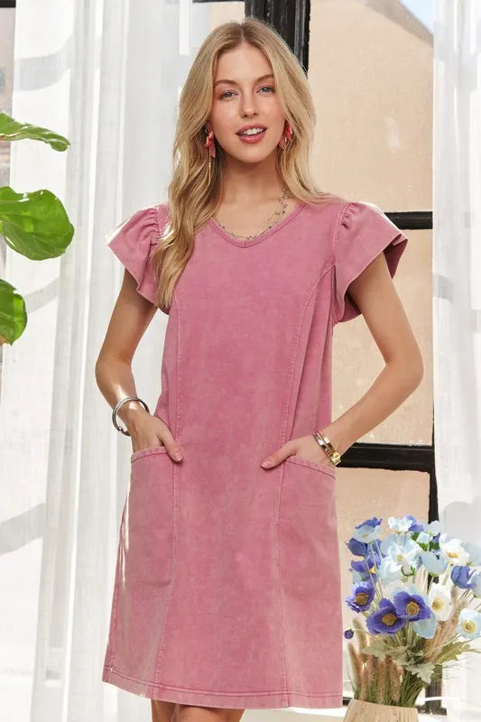 ADORA Mineral Washed V-Neck Ruffled Cap Sleeve Dress - Brittney MADE