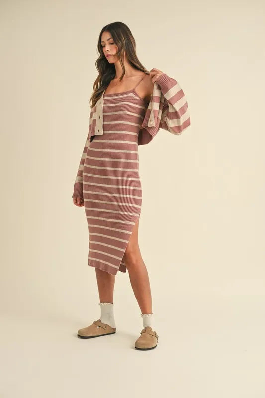 MABLE Stripe Crop Cardigan and Bodycon Dress Sweater Set - Brittney MADE