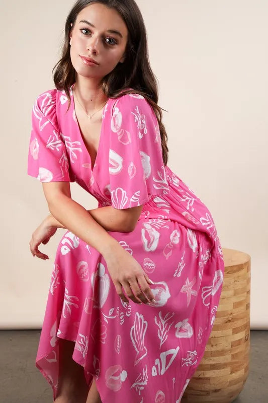 VERY J Printed V-Neck Resort Midi Dress - Brittney MADE