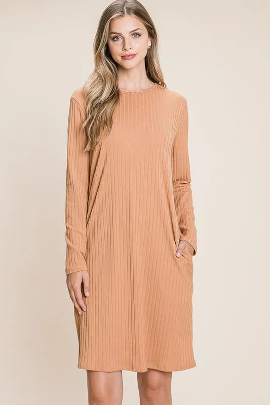 BOMBOM Round Neck Long Sleeve Ribbed Knit Dress - Brittney MADE