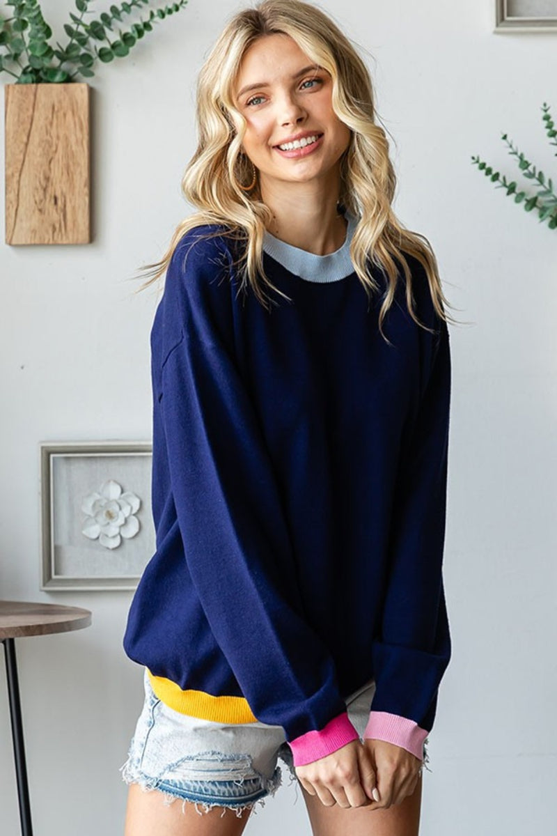 First Love Contrast Ribbed Round Neck Long Sleeve Sweater - Brittney MADE