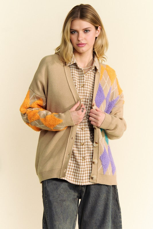 Davi & Dani Argyle V-Neck Dropped Shoulder Cardigan - Brittney MADE