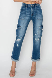 RISEN Full Size High Rise Cargo Ankle Roll Up Straight Jeans - Brittney MADE