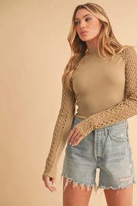 Aemi+Co Mock Neck Ribbed Knit Top with Crochet Sleeve - Brittney MADE