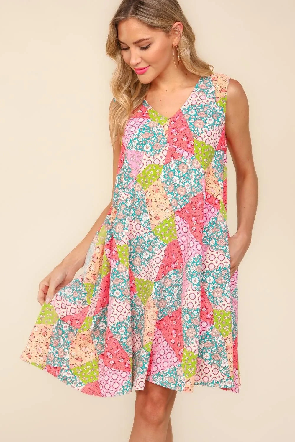 Haptics Full Size Babydoll Floral Patchwork Dress with Side Pockets - Brittney MADE