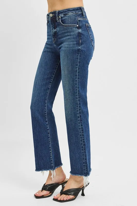 RISEN Full Size Tummy Control High Rise Crop Straight Raw Cut Hem Jeans Plus Size - Brittney MADE