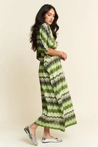 Davi & Dani Multi Color Wavy Tie Waist Flowy Sleeve Dress - Brittney MADE