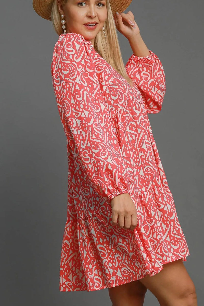 Umgee Full Size Two Tone Print Balloon Sleeve Tiered Dress Plus Size - Brittney MADE