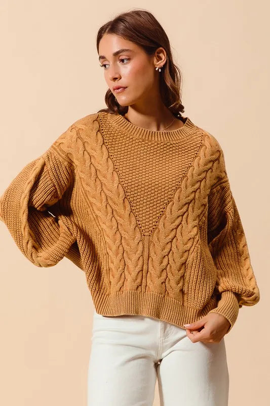 SO ME Mineral Washed Loose Fit Textured Cable Sweater - Brittney MADE