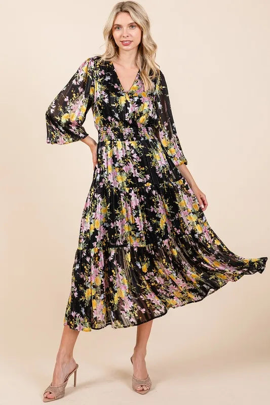 Mittoshop Flower Print Satin Lurex Stripe Smocked Midi Dress - Brittney MADE