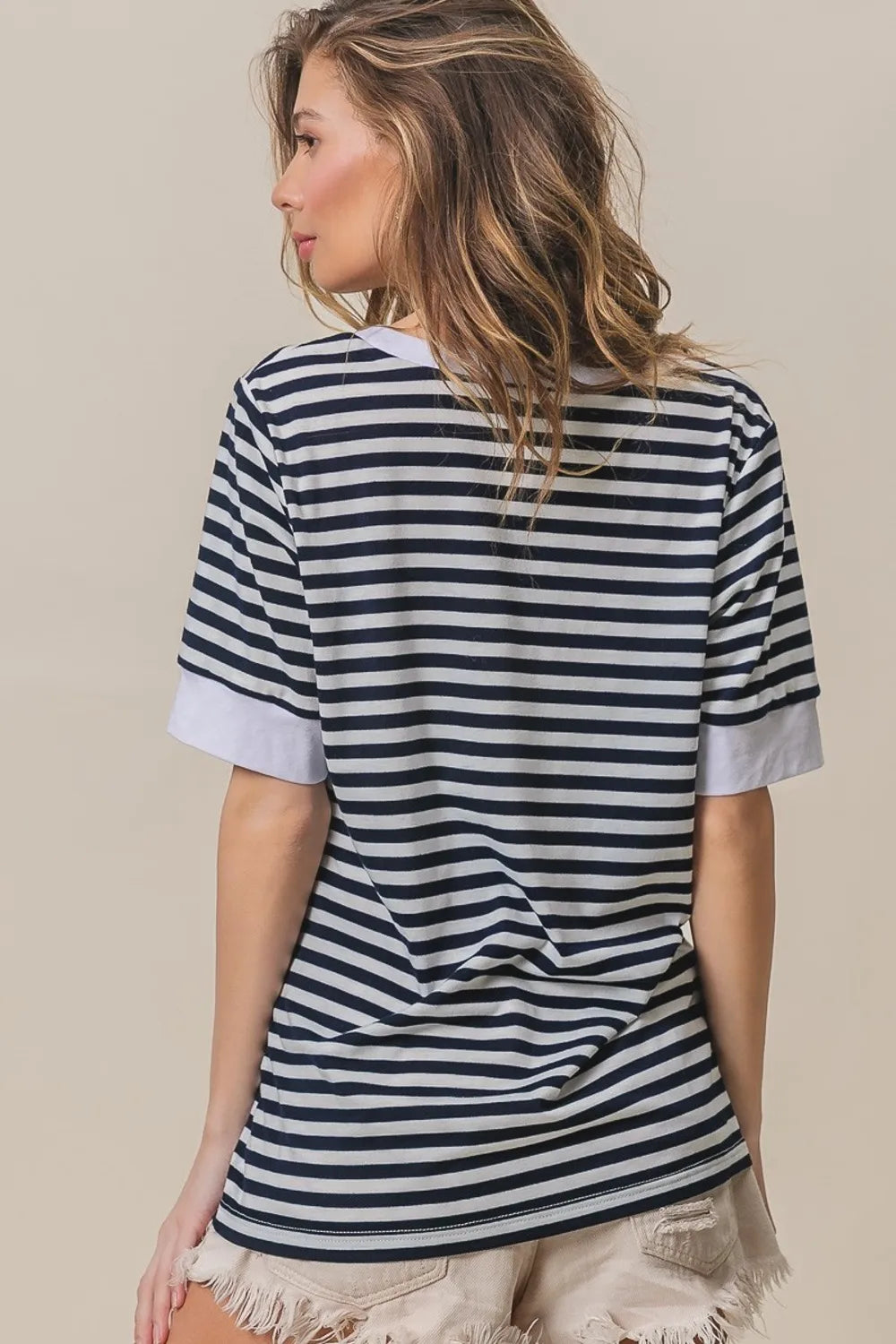 BiBi Contrast Striped Notched Knit Top - Brittney MADE