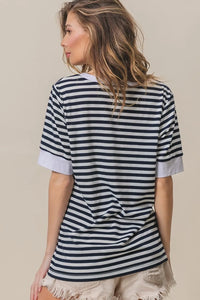 BiBi Contrast Striped Notched Knit Top - Brittney MADE