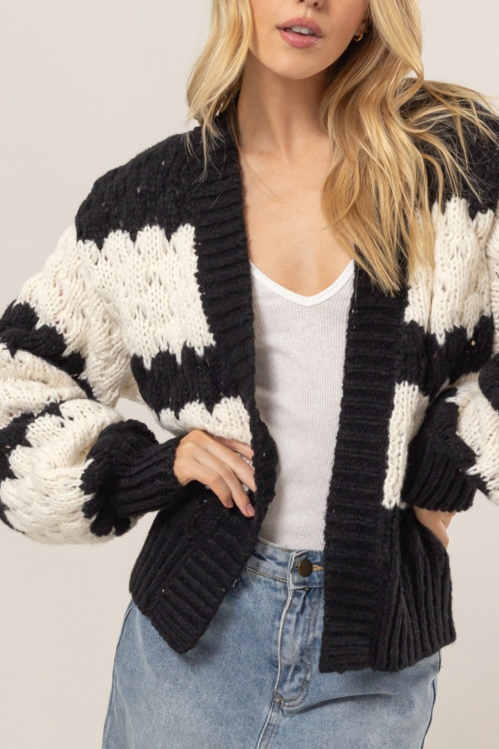 HYFVE Scallop Striped Open Front Long Sleeve Sweater Cardigan - Brittney MADE