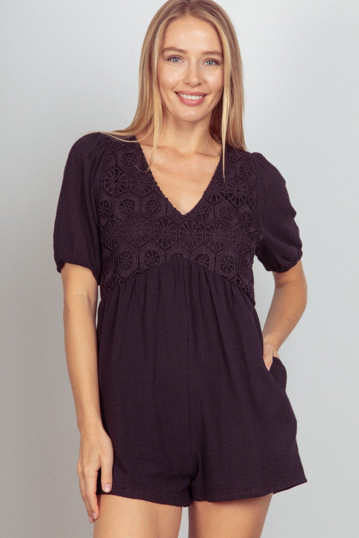 VERY J Lace Detail Puff Sleeve Romper with Pockets - Brittney MADE