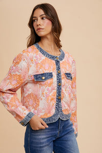 Annie Wear Floral Jacquard Denim Contrast Button Down Jacket - Brittney MADE