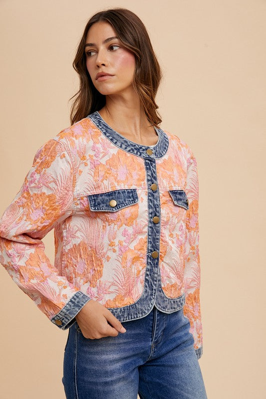 Annie Wear Floral Jacquard Denim Contrast Button Down Jacket - Brittney MADE