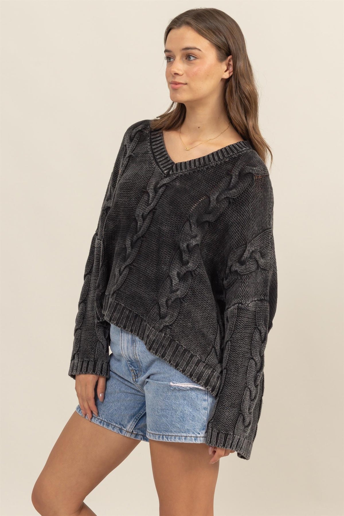 HYFVE Cable Knit V-Neck Dropped Shoulder Oversized Sweater - Brittney MADE