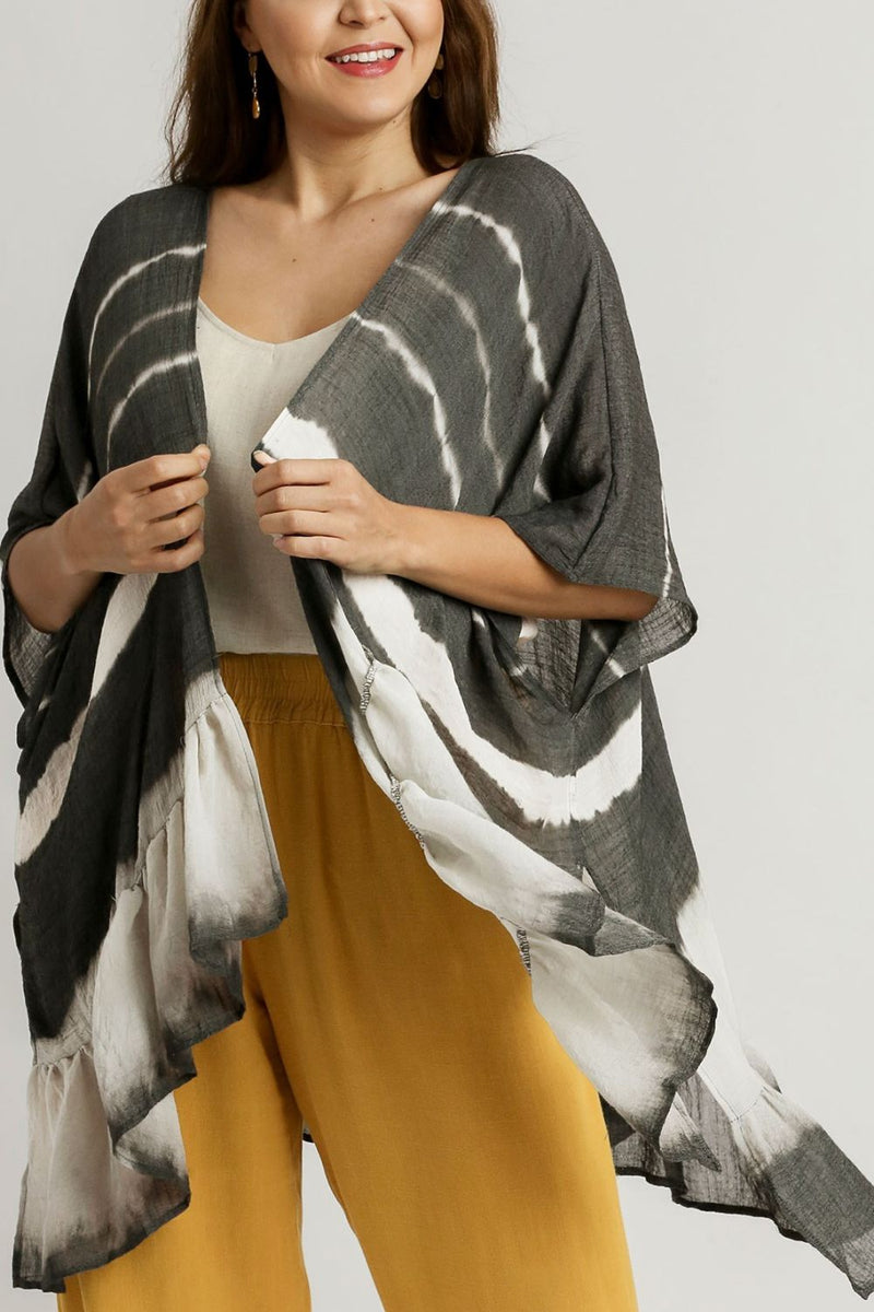 Umgee Full Size Tie Dye Back String Tie Open Front Kimono Sleeve Cover Up Plus Size - Brittney MADE