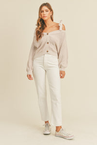 MABLE Off Shoulder Self Tie Strap Button Down Sweater - Brittney MADE