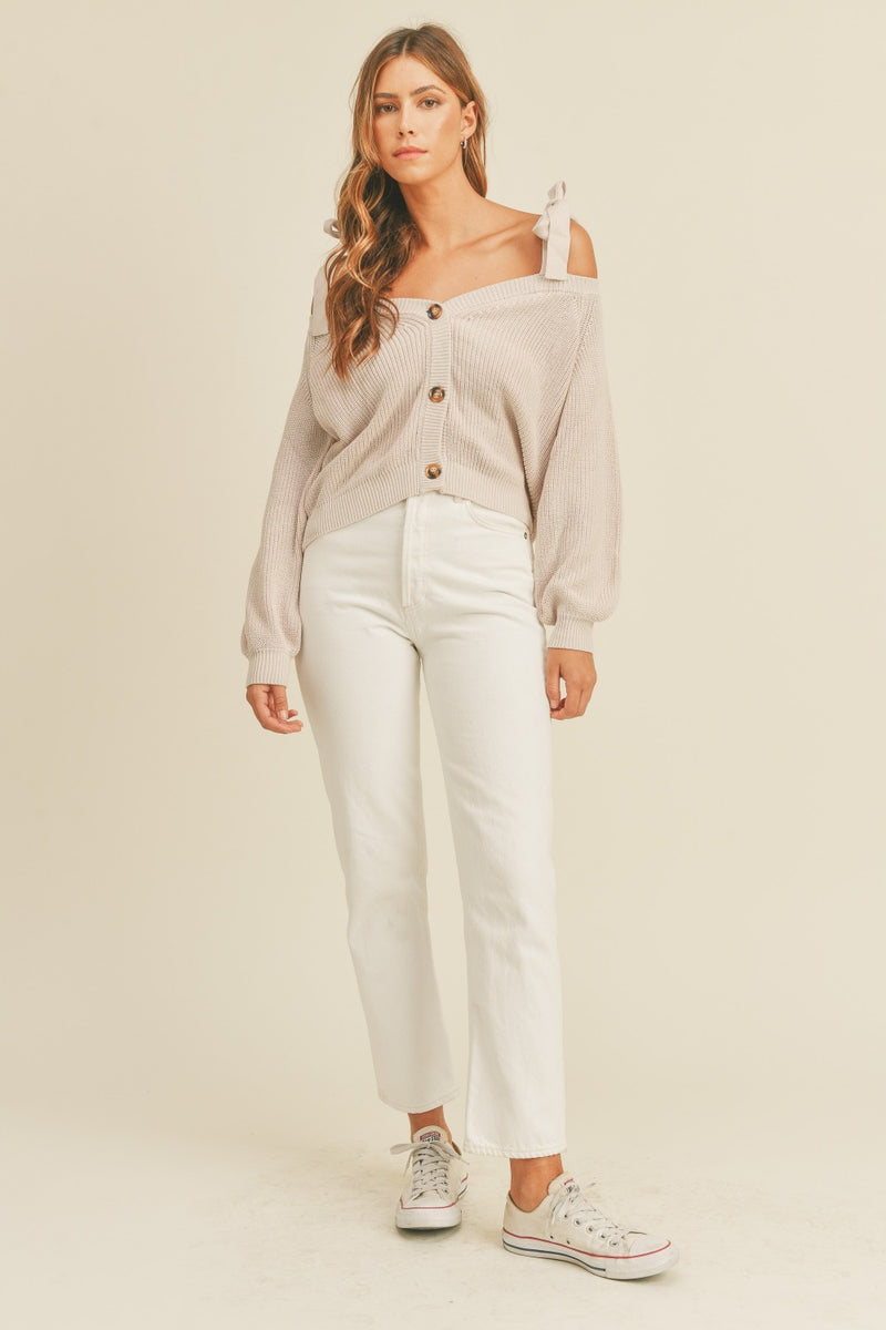 MABLE Off Shoulder Self Tie Strap Button Down Sweater - Brittney MADE