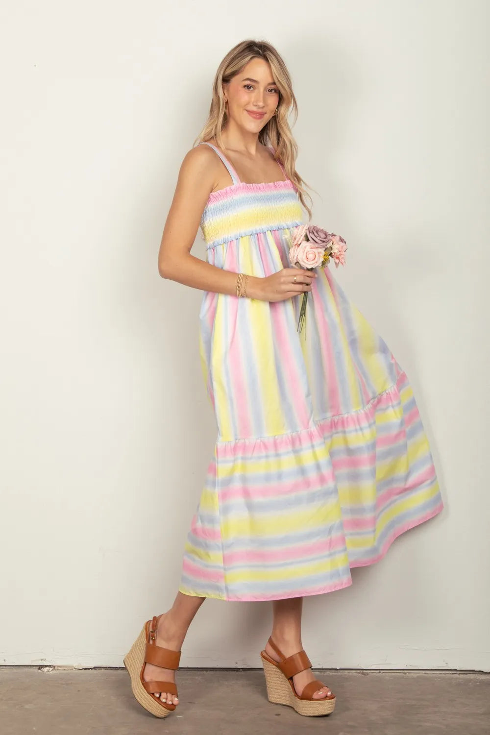 VERY J Striped Woven Smocked Midi Cami Dress - Brittney MADE
