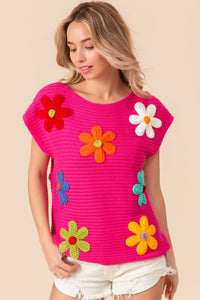 BiBi Flower Round Neck Cap Sleeve Knit Top - Brittney MADE