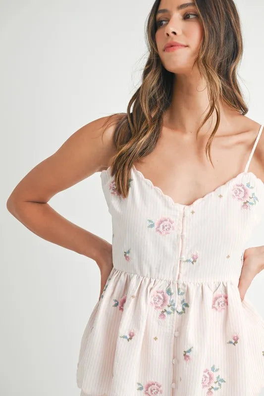 MABLE Stripe Embroidered Peplum Cami and Shorts Set - Brittney MADE