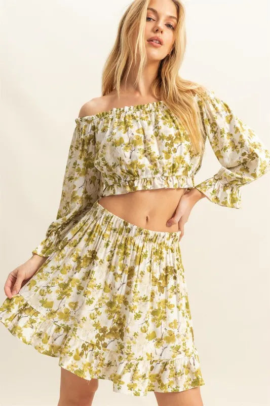 HYFVE Floral Off-Shoulder Flounce Sleeve Top and Skirt Set - Brittney MADE