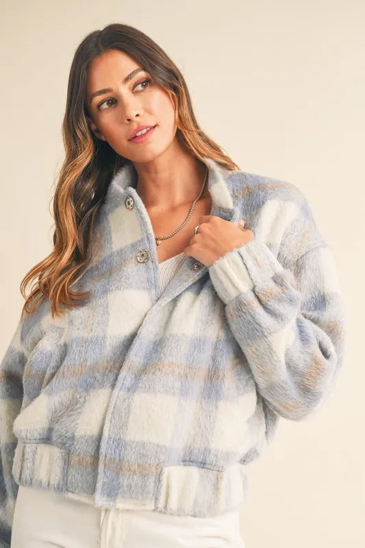 MABLE Plaid Print Fuzzy Bomber Jacket - Brittney MADE