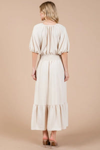 Ces Femme Smocked Elastic Waist Tie Neck Puff Sleeve Dress - Brittney MADE