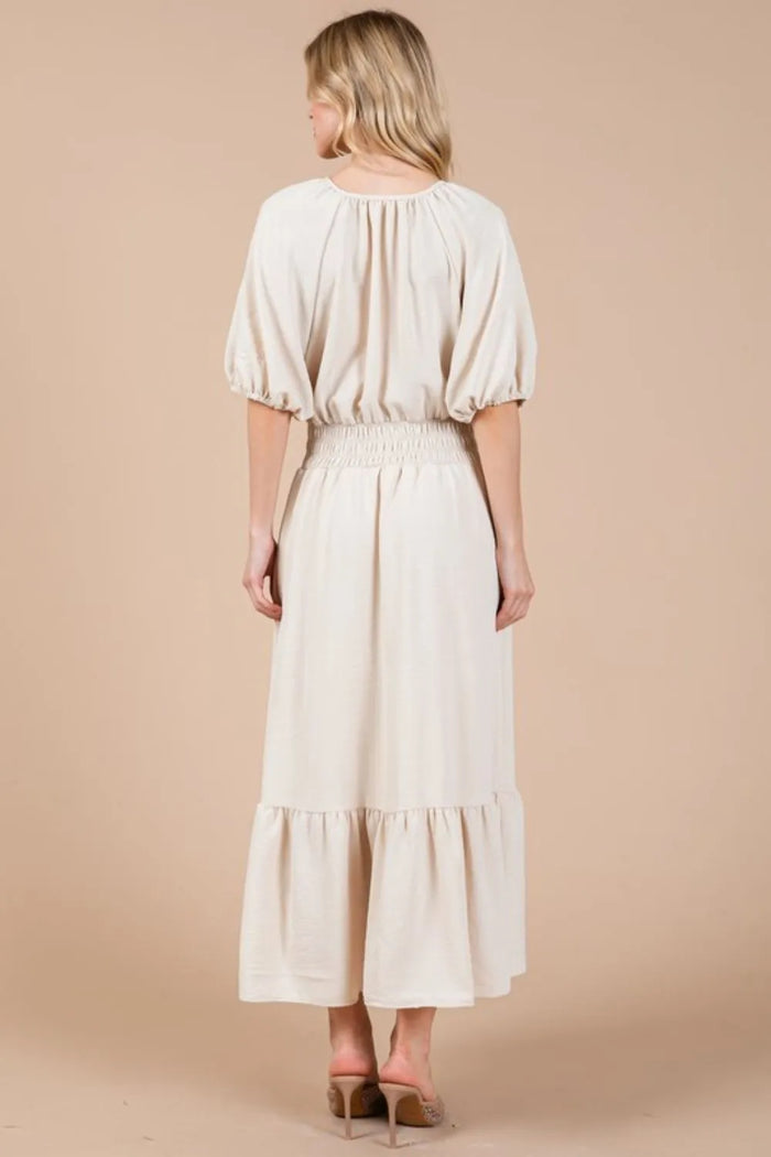 Ces Femme Smocked Elastic Waist Tie Neck Puff Sleeve Dress - Brittney MADE