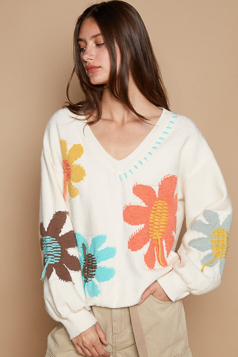 POL V-Neck Long Sleeve Flower Fringe Sweater - Brittney MADE