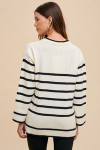 Annie Wear Side Slit Striped Round Neck Sweater - Brittney MADE