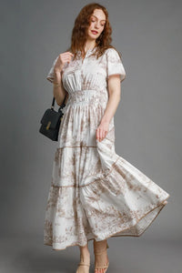 Umgee Full Size Landscape Print Short Sleeve Tiered Maxi Dress Plus Size - Brittney MADE