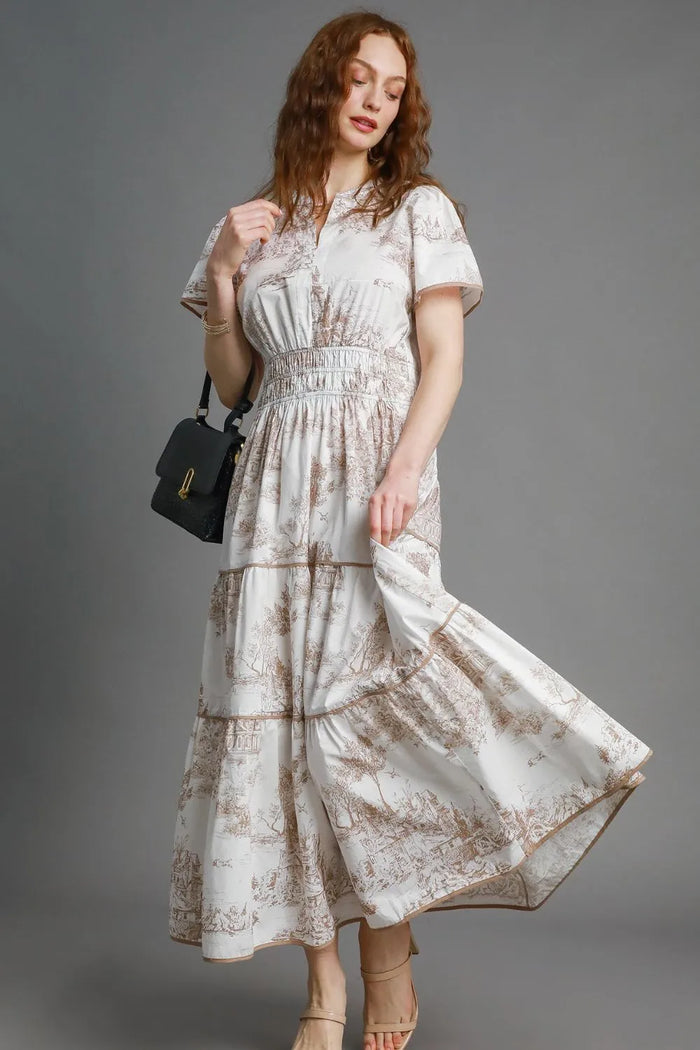 Umgee Full Size Landscape Print Short Sleeve Tiered Maxi Dress Plus Size - Brittney MADE
