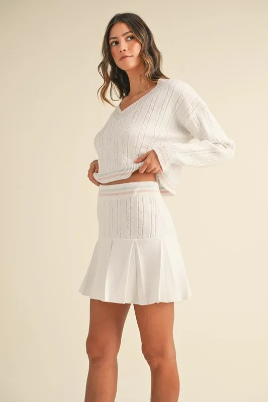 MABLE V-Neck Varsity Crop Knit Sweater and Skirt Set - Brittney MADE